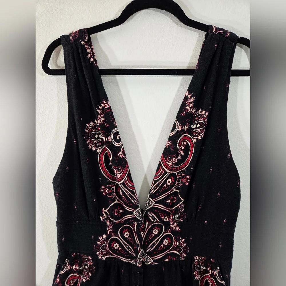 FREE PEOPLE Paisley Boho Plunge Neck Button Front Relaxed Cropped Leg Jumpsuit